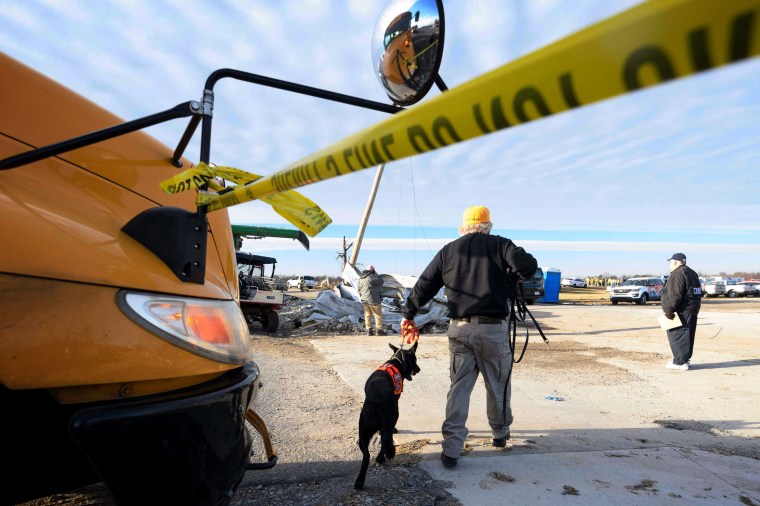 Image: A rescue worker and a cadaver dog arrive at the Mayfield Consumer Products candle factory in Mayfield, Ky., on Dec. 11, 2021.