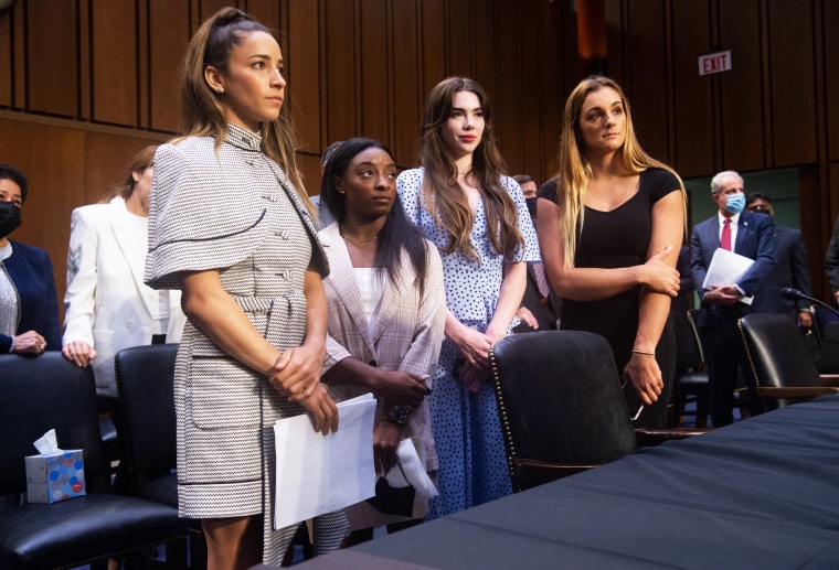 Olympic gymnasts Aly Raisman, Simone Biles, McKayla Maroney and NCAA and world champion gymnast Maggie Nichols leave after testifying during a Senate Judiciary hearing about the Inspector General's report on the FBI handling of the Larry Nassar investigation on Capitol Hill on Sept. 15 2021.