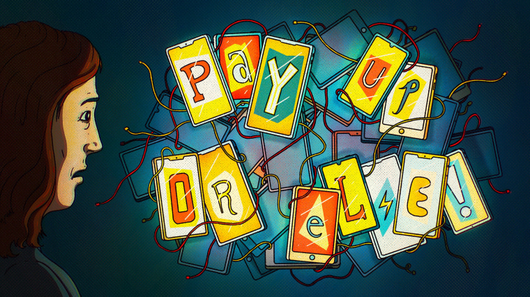 Illustration of a woman being accosted by floating phone screens with tentacle wires spelling out "PAY UP OR ELSE!"