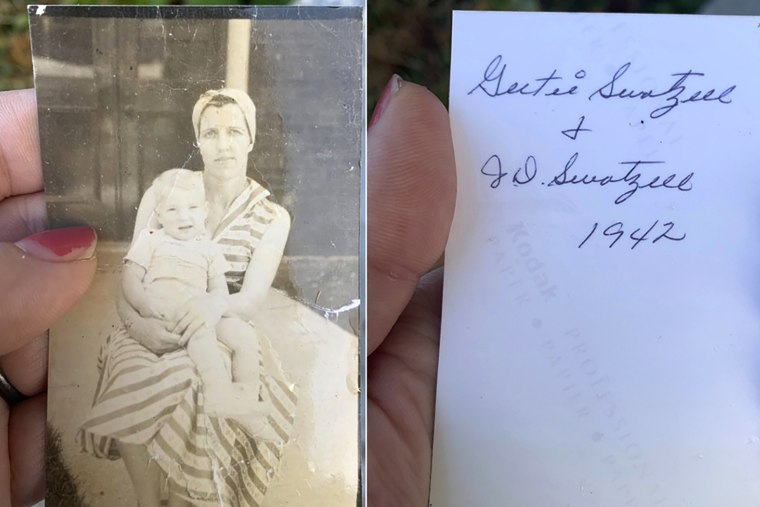 This photo combo shows Katie Posten holding the front and back of a photograph she found stuck to her car's windshield on Saturday, Dec. 11, 2021 in New Albany, Ind.