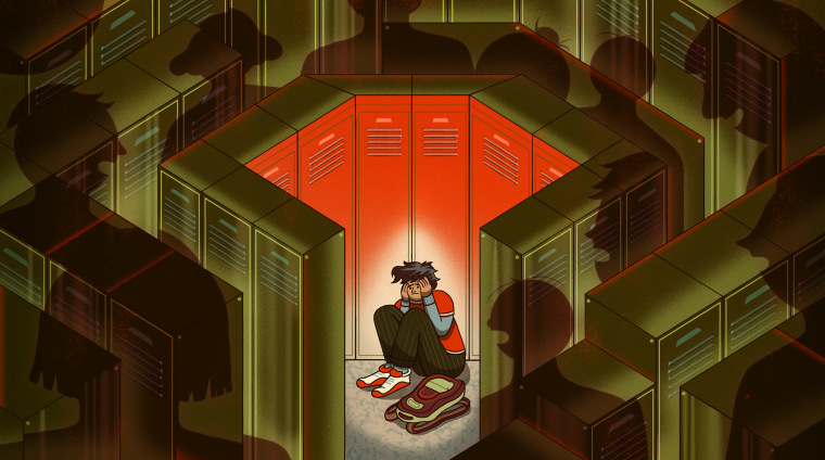Illustration of a worried student surrounded by lockers as shadows of students approach.