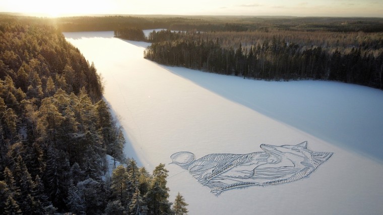A drawing of a fox is seen on the frozen Pitkajarvi lake north of Helsinki, Finland, on Dec. 4, 2021.