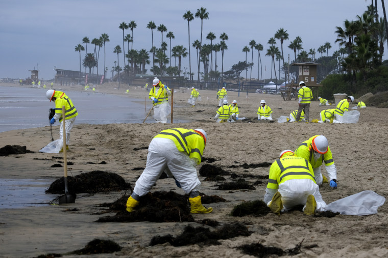 Image: Workers in protective suits clean beach