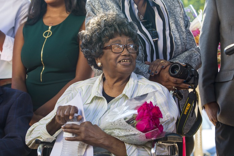 Claudette Colvin looks on at her press conference after she filed paperwork to have her juvenile record expunged, on Oct. 26, 2021, in Montgomery, Ala.