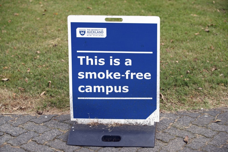 A sign indicates that the University of Aukland campus is smoke-free in Auckland, New Zealand, on Dec. 9, 2021.