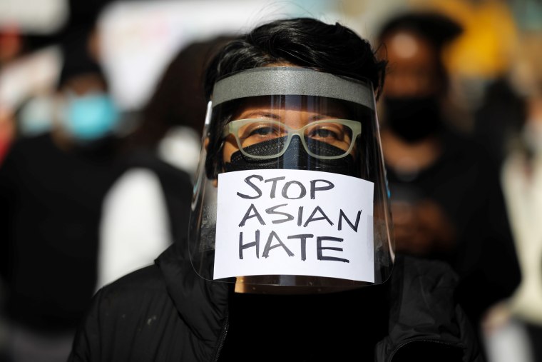 A demonstrator takes part in a protest against Asian hate in New York on March 21, 2021.
