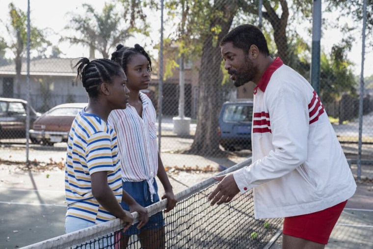 Demi Singleton as Serena Williams, Saniyya Sidney as Venus Williams and Will Smith as Richard Williams in "King Richard."