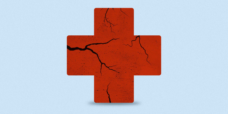 Illustration of a healthcare red cross disintegrating and showing cracks.