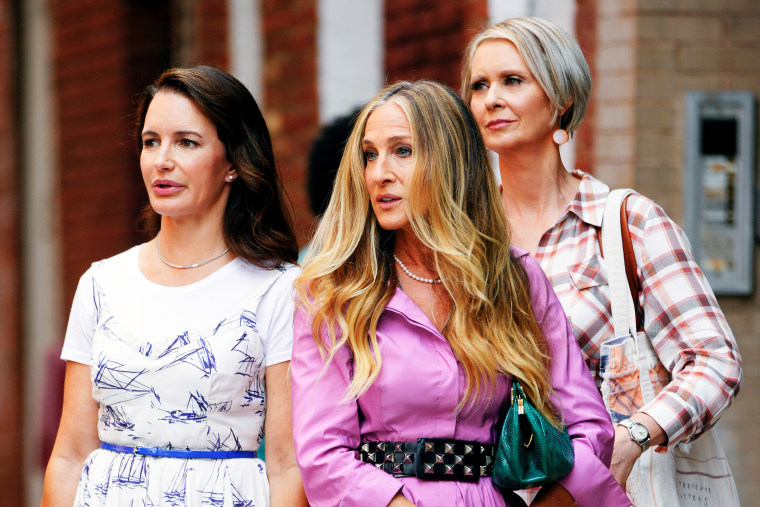 Kristin Davis, Sarah Jessica Parker and Cynthia Nixon film on location for 'And Just Like That' on July 20, 2021, in New York.