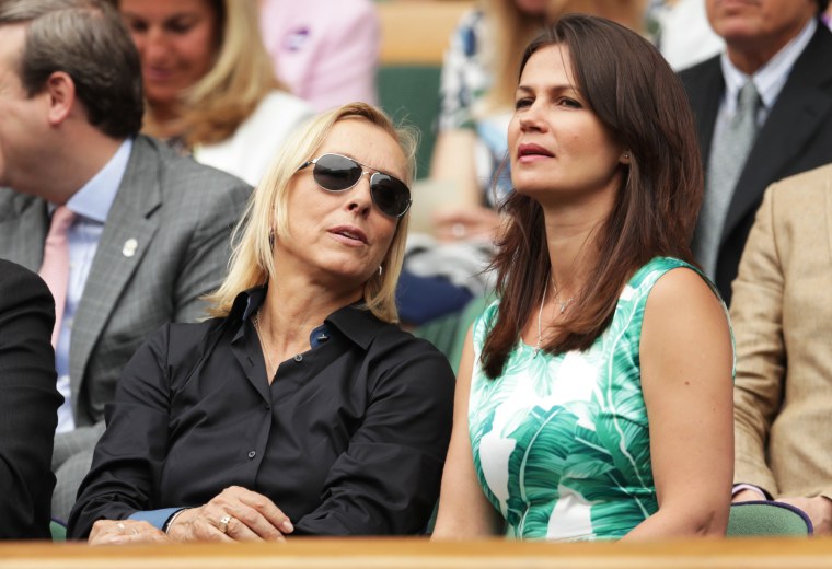 Julia Lemigova, right, and her wife Martina Navratilova watches the women's singles final between Serena Williams and Angelique Kerber at the Wimbledon Championships in Wimbledon, southwest London, on July 9, 2016.