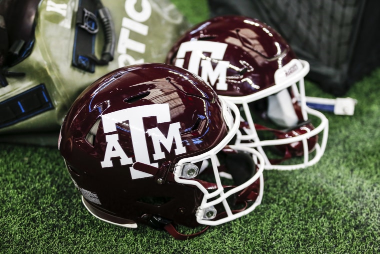 Texas A&M Aggies helmets on the sidelines during the Southwest Classic game against the Arkansas Razorbacks on Sept. 25, 2021, in Arlington, Texas.