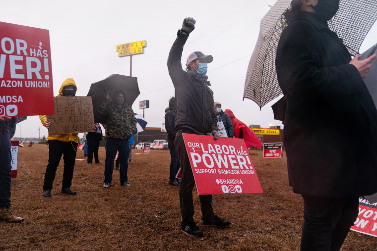 Demonstrators rally in support of unionizing near the Amazon fulfillment center in Bessemer, Ala., on Feb. 6, 2021.