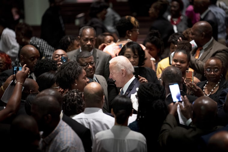 Former Vice President Joe Biden, a democratic presidential candidate, greets congregants after a church service in West Columbia, S.C., on May 4, 2019.`