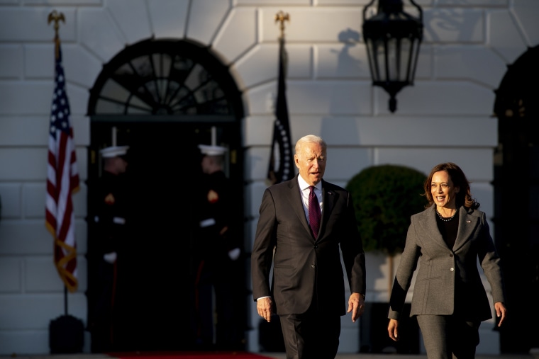 President Joe Biden and Vice President Kamala Harris arrive to an Infrastructure Investment and Jobs Act signing ceremony on the South Lawn of the White House on Nov. 15, 2021.