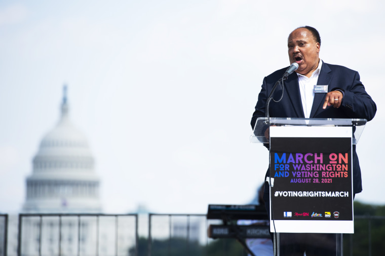 Martin Luther King III speaks during the March On for Washington and Voting Rights rally in Washington on Aug. 28, 2021.