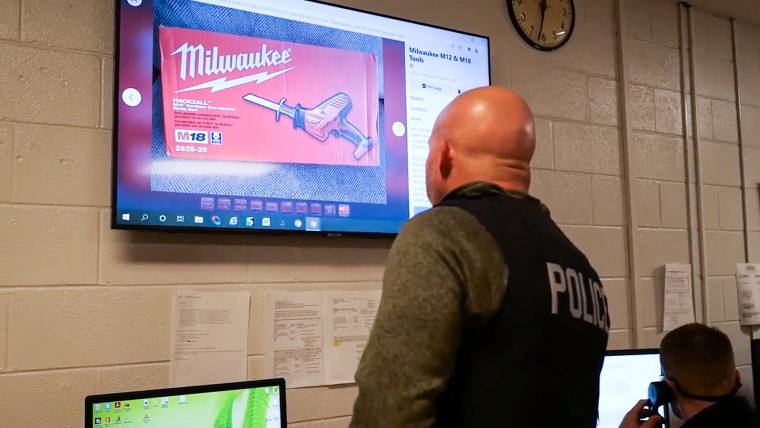 Det. Sgt. Todd Curtis of the Perrysburg Township Police Department scrolls through Facebook Marketplace looking for users who are selling stolen power tools taken off of store shelves.