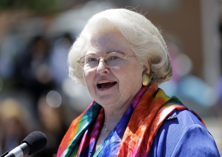 Attorney Sarah Weddington speaks during a women's rights rally on Tuesday, June 4, 2013, in Albany, N.Y. (AP Photo/Mike Groll, File)