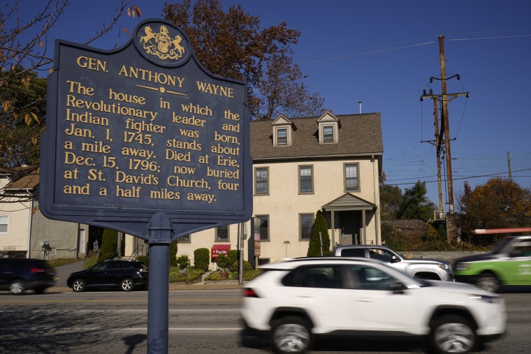 Pennsylvania Historical Marker for Revolutionary War Gen. Anthony Wayne in Paoli, Pa., on Nov. 18, 2021. 