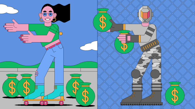 Illustration of a rollerskating TikTok dancer surrounded by money bags as a dancing Fortnite character hands her money bags.