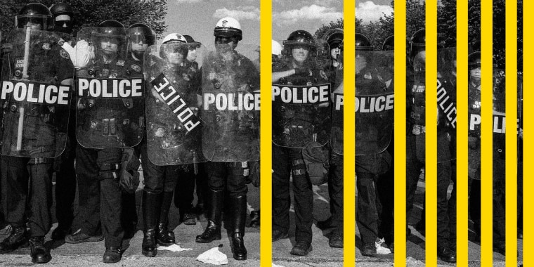 Illustration of a line of police officers holding shields that say "POLICE" being broken up by repeating yellow lines.