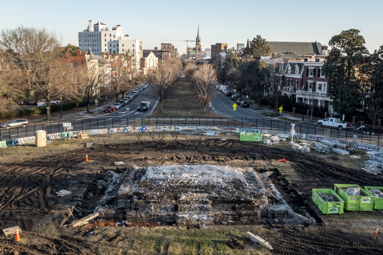Image: A pile of rubble is all that is left after the removal of the pedestal that once held the statue of Confederate General Robert E. Lee on Monument Ave., on Dec. 23, 2021, in Richmond, Va.