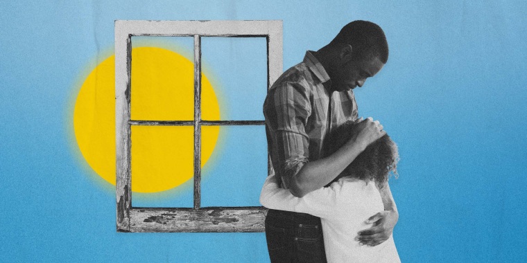 Illustration of a Black father hugging his daughter next to a broken down window with a sun shining behind it.