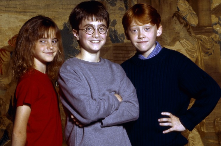 Emma Watson, Daniel Radcliffe and Rupert Grint in the three central roles in the film adaptation of the "Harry Potter" book series in 2000.