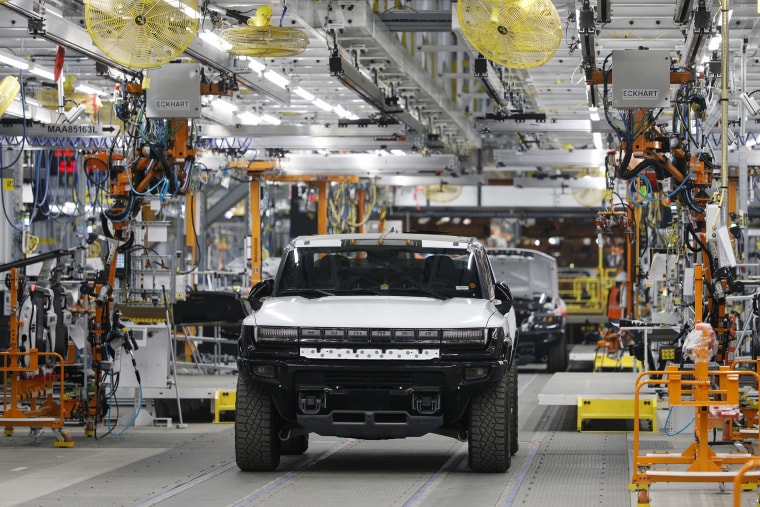 A GMC Hummer EV truck at a General Motors factory in Detroit on Aug. 5.