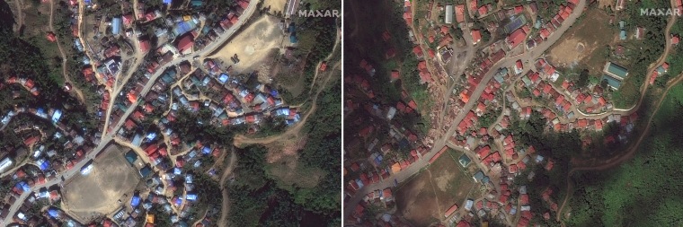 This combination of two satellite images provided by Maxar Technologies shows a comparison view of Jan. 6, 2018, left, and Nov. 12, 2021, right, before and after of the fires that recently burned numerous homes and structures in the town of Thantlang, Myanmar.