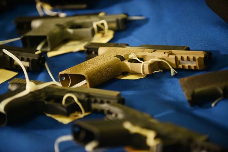 Image: Ghost guns that were secured by the DC Metropolitan Police Department during a press conference on Feb. 28, 2021. Each gun that was displayed during the presser was used during a crime.