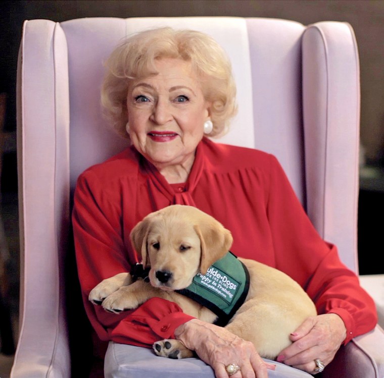 Betty White holds a guide dog puppy in training in a public service announcement for the nonprofit Guide Dogs for the Blind. “She’s used her voice for good, she really and truly has,” Christine Benninger, CEO and president of Guide Dogs for the Blind, told TODAY. 