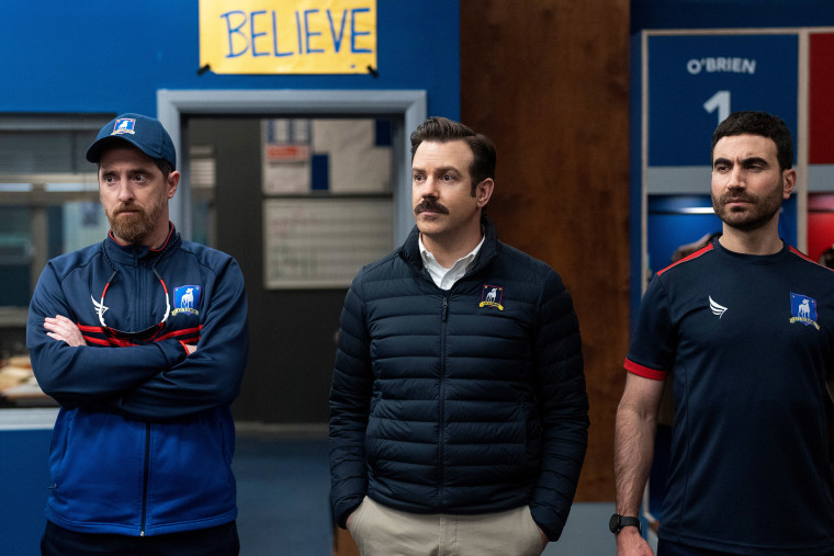 Fans and critics love "Ted Lasso." Can it win best television series — musical or comedy and best performance an actor in a television series — musical or comedy for star Jason Sudeikis, center?