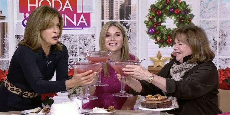 Ina Garten, Hoda Kotb and Jenna Bush Hager clink their giant cosmo glasses together.