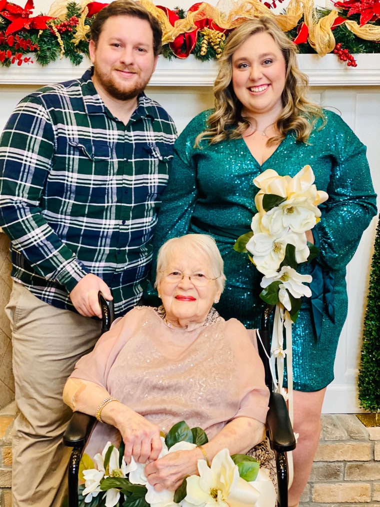 Juanita Courtney beamed as she served as the matron of honor for her great-granddaughter, Ashley (right), and Ashley's husband, Josh.