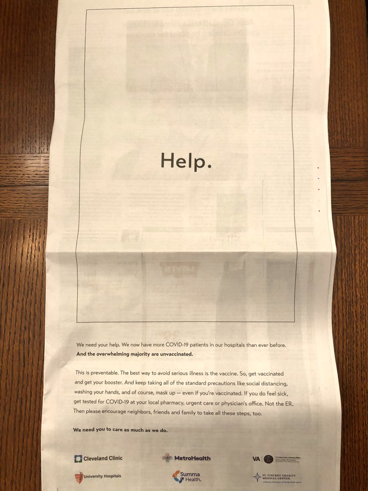 A group of six Cleveland-area health care systems took out an ad in Sunday's Cleveland Plain-Dealer urging people to get vaccinated as cases dramatically rise in Ohio.