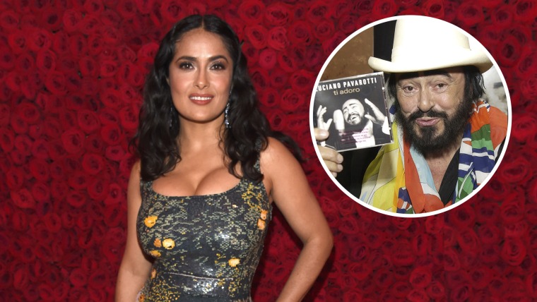 Salma Hayek en la MET Gala 2018; Luciano Pavarotti, promocionando su disco 'Ti Adoro'.