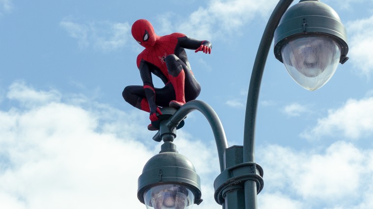 Spider-Man perched atop a light in Columbia Pictures' "Spider-Man: No Way Home."