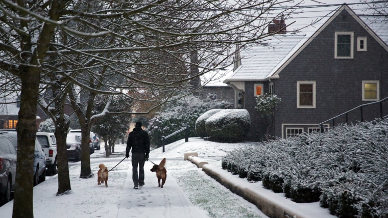 Un hombre pasea a sus perros por un barrio nevado del oeste de Seattle el 24 de diciembre de 2017.