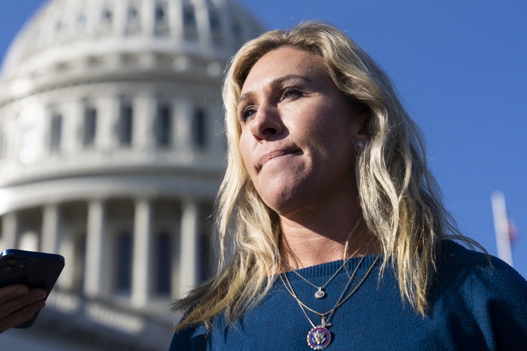 Rep. Marjorie Taylor Greene, R-Ga., on the House Steps on Nov. 17. 