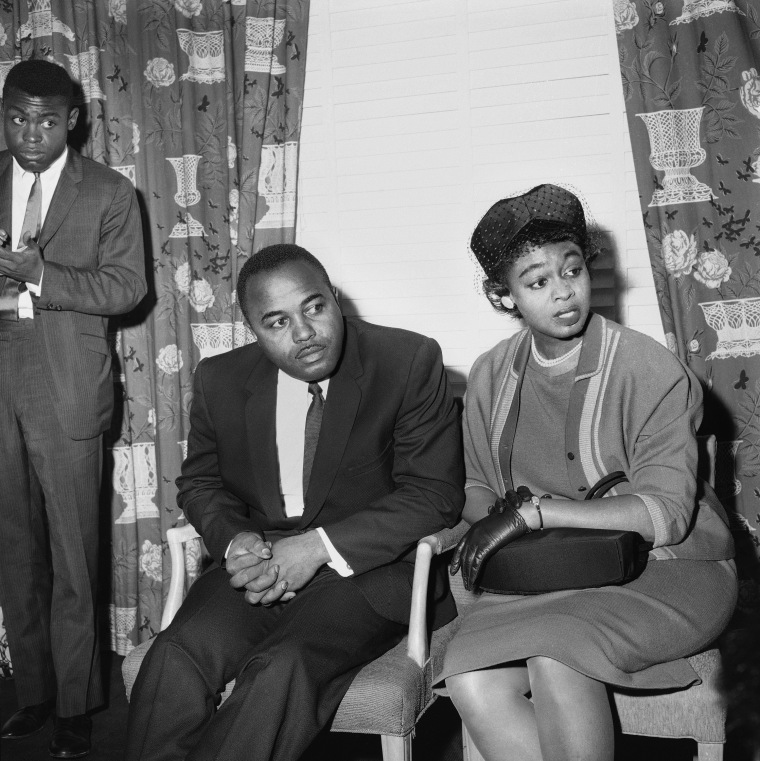 Christopher McNair, center left, and Maxine McNair, right, the parents of Denise McNair, one of four African American girls who died in a church bombing in Birmingham, Ala., on Sept. 15, 1963, hold a news conference Sept. 20, 1963, in New York.