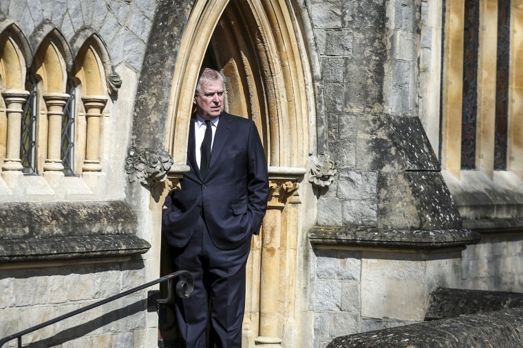 Prince Andrew, Duke of York, attends the Sunday Service at the Royal Chapel of All Saints, Windsor on April 11, 2021 in Windsor, England.
