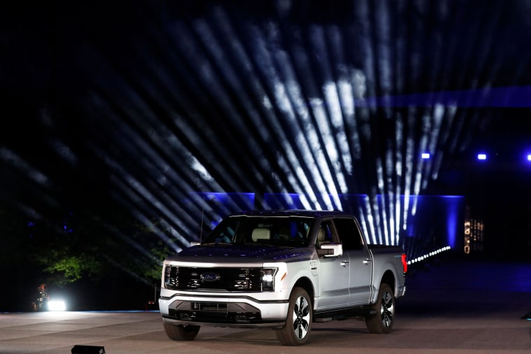 Ford unveils their new electric F-150 Lightning outside of their headquarters in Dearborn, Mich., on May 19, 2021.