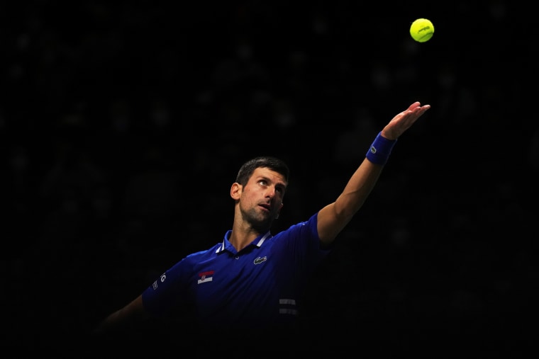 Novak Djokovic competes against Marin Cilic of Croatia during the Davis Cup semifinal in Madrid on Dec. 3, 2021.