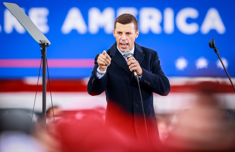 Speaker of the Michigan House of Representatives Lee Chatfield speaks during a campaign rally on Oct. 17, 2020 in Muskegon, Mich.
