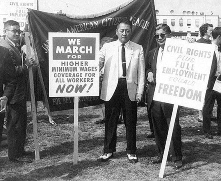 Key Kobayashi, then-JACL President Pat Okura and Mike Masaoka at the March on Washington in 1963.