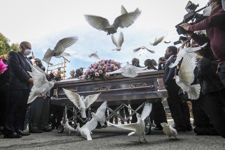Image: Forty doves are released at the funeral of 14-year-old Valentina Orellana-Peralta at the City of Refuge Church in Gardena, Calif., on Jan. 10, 2022.