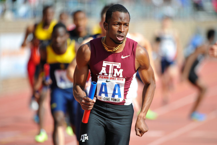 Deon Lendore runs a College Men's 4x400 heat race during the Penn Relays at Franklin Field in Philadelphia, Pa., on April 25, 2014.