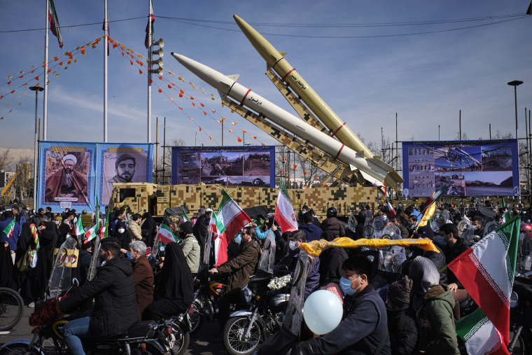 Missiles are displayed at a rally in Tehran on Feb. 10 to commemorate the 42nd anniversary of the Islamic Revolution in Iran.