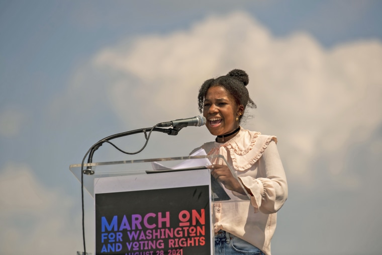 Yolanda Renee King, granddaughter of civil rights leader Martin Luther King Jr., speaks at the National Action Network's March On for Voting Rights event in Washington on Aug. 28, 2021. 