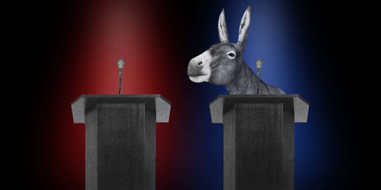 Photo Illustration: A Democrat donkey stands alone on the debate stage